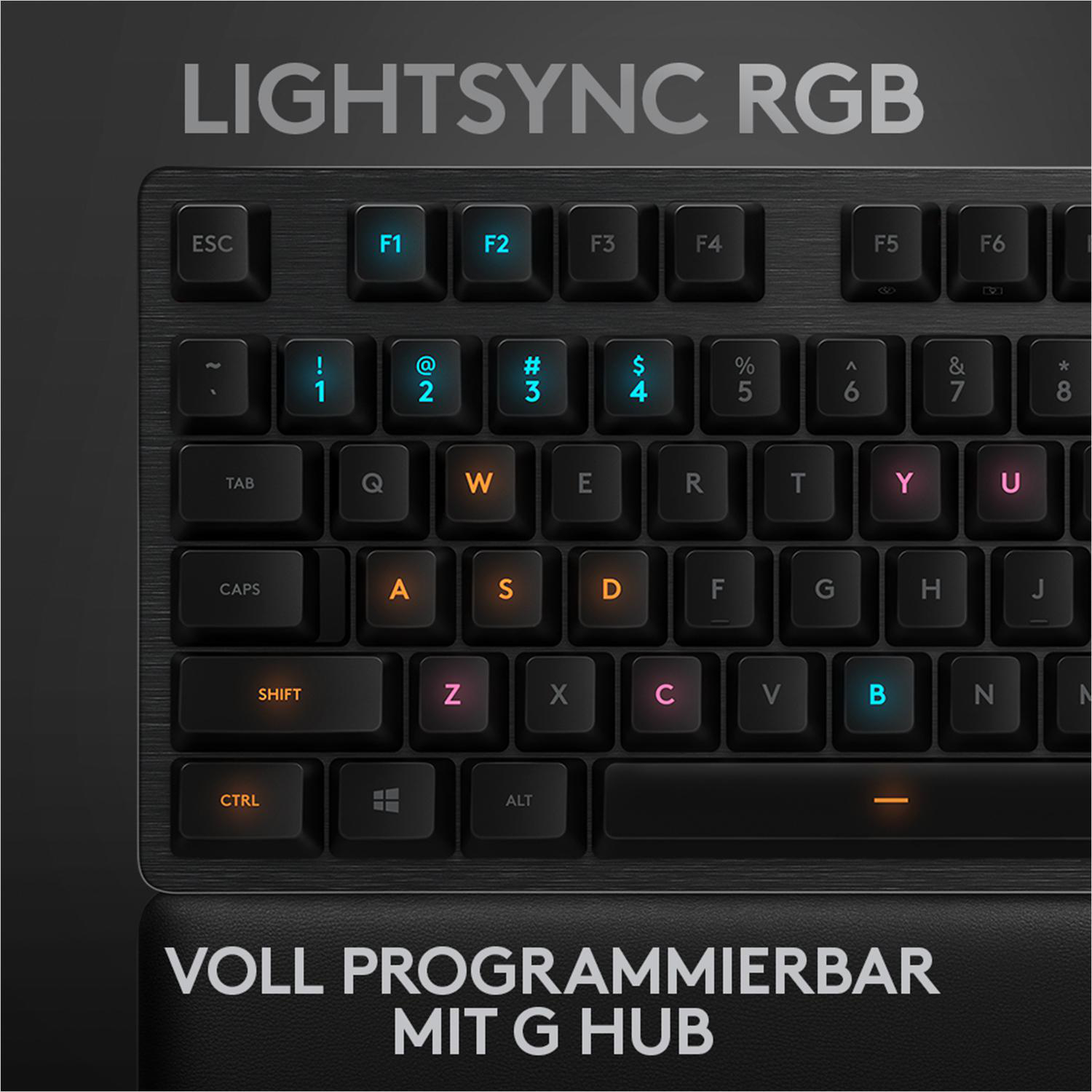 Schwarze Tastatur mit bunten Tasten. Oben steht LIGHTSYNC RGB, unten VOLL PROGRAMMIERBAR.