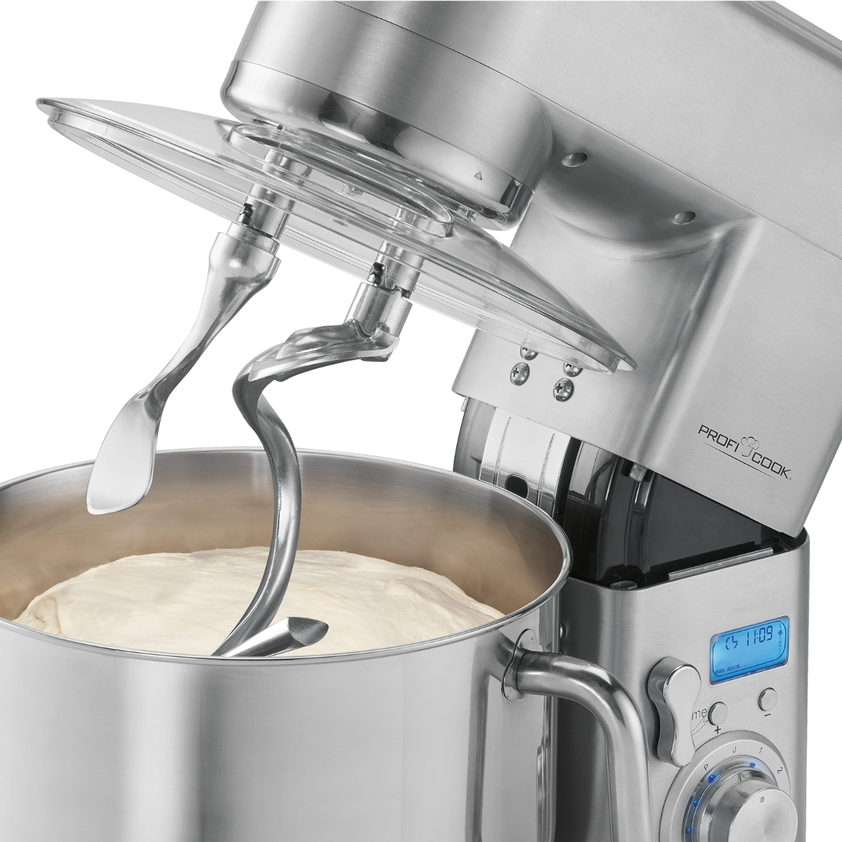 Edelstahl-Küchenmaschine mit Teig und Haken in einer Schüssel.