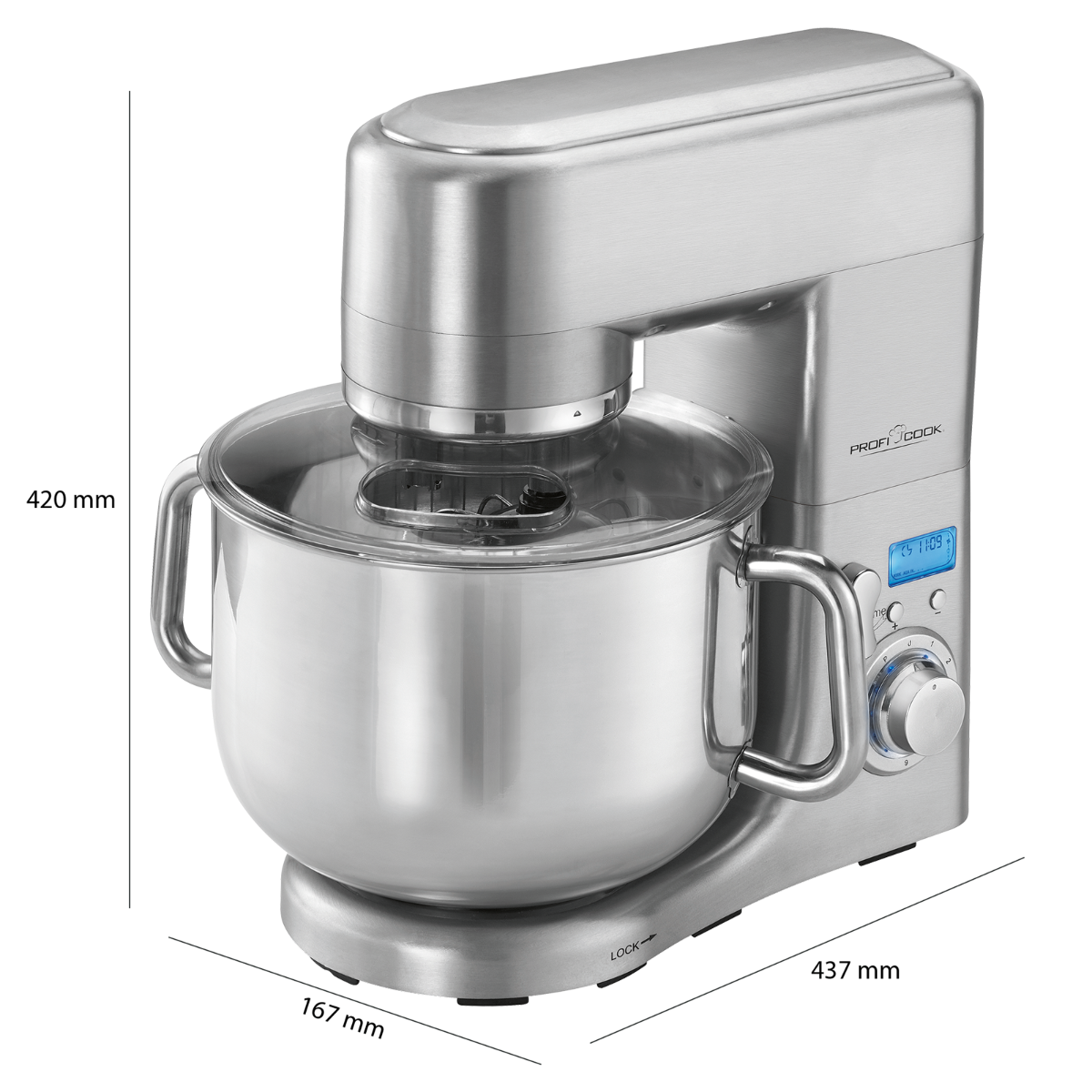Silberner Profi Cook Küchenmixer mit Glasschüssel und Digitalanzeige.