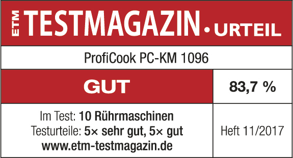 Testmagazin-Bewertung mit rotem und weißem Layout, zeigt Ergebnisse, Text und Logo.