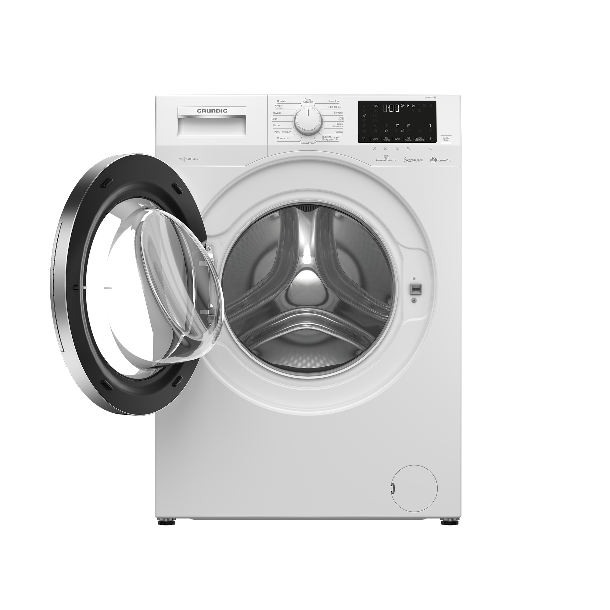 Beyaz bir Grundig çamaşır makinesi, kapısı açık, içini gösteriyor.
