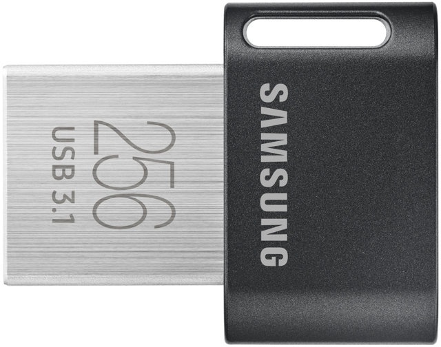 Zilveren en zwarte USB-drive met 256 GB capaciteit, Samsung-merk.