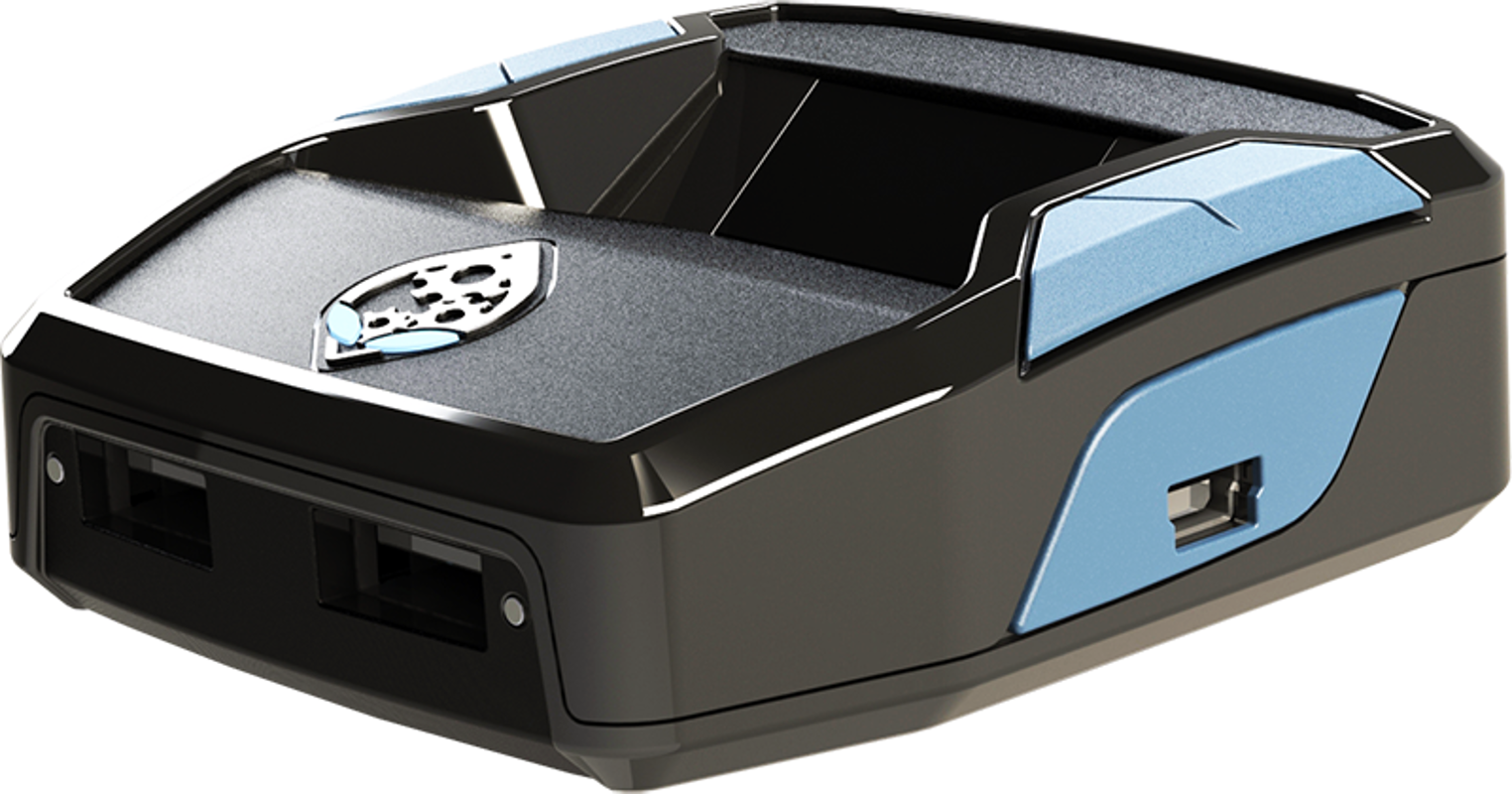 Station d'accueil pour console de jeu noire et bleue. Elle possède des ports USB et un logo Alienware.