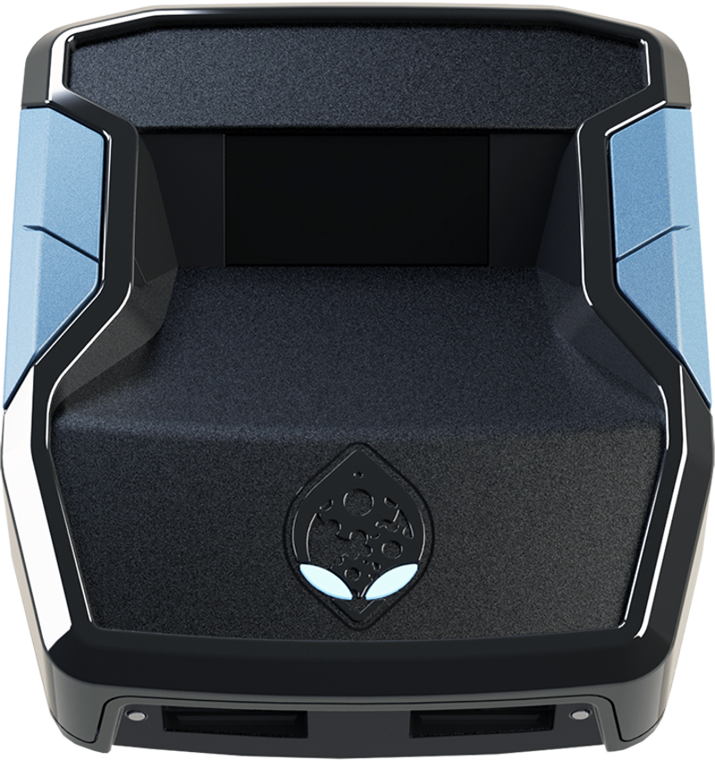 Appareil de jeu noir et bleu, logo Alienware. Dessus noir, côtés bleus. Face avant avec un œil brillant.