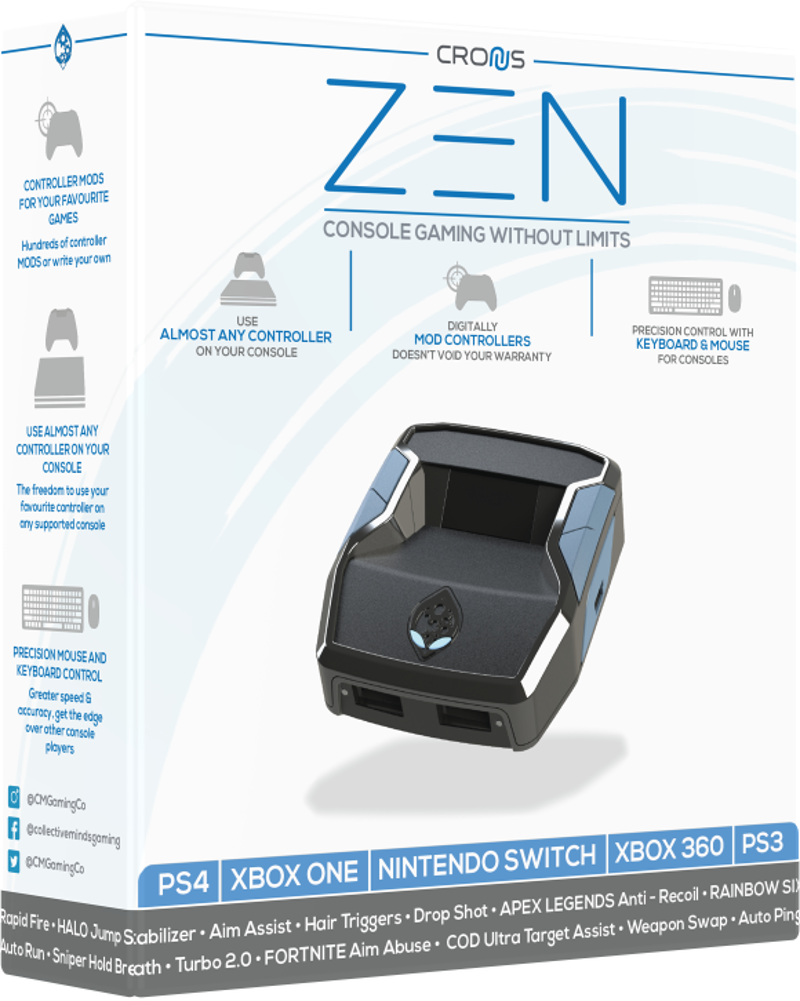 Boîte pour l'adaptateur de jeu Cronus Zen avec caractéristiques, design et consoles prises en charge.