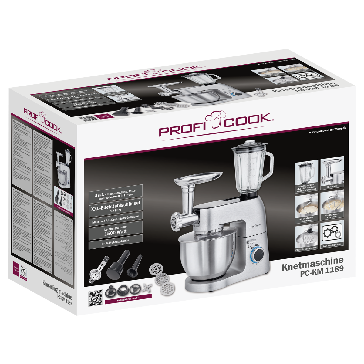 Karton mit silberner Knetmaschine, Marke Profi Cook.