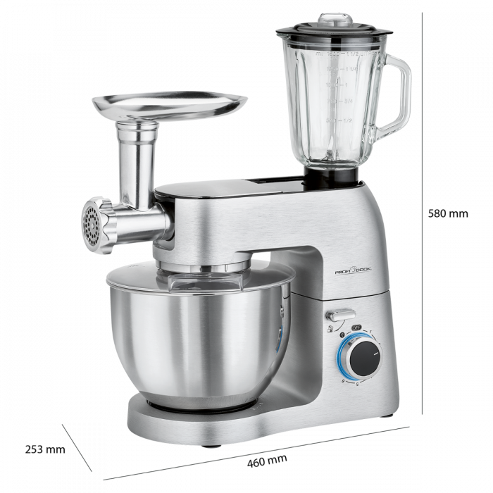 Silberner Küchenroboter mit Zerkleinerer, Mixer und Drehknopf; silber und schwarz.