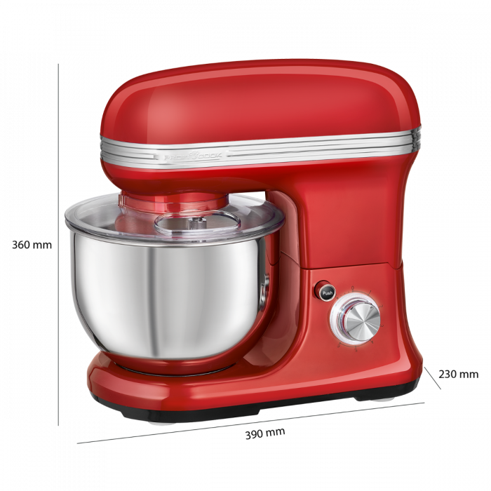 Roter Küchenmixer mit Edelstahl-Schüssel, auf schwarzem Hintergrund.