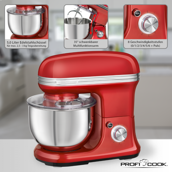 Ein roter Küchenmixer mit Metallschüssel. Funktionen sind gekennzeichnet.