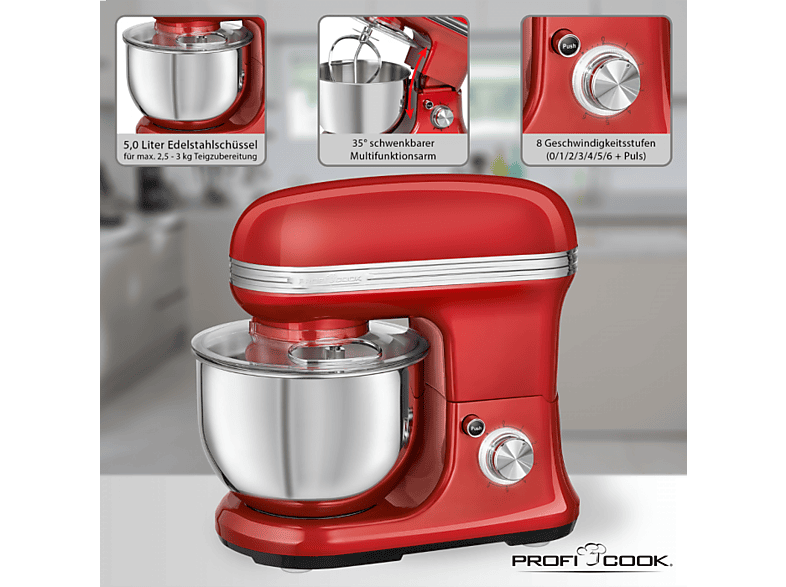 Profi Cook PC-KM 1197 Küchenmaschine Rot (Rührschüsselkapazität: 5 l, 1200 Watt) — Foto 2 von 5