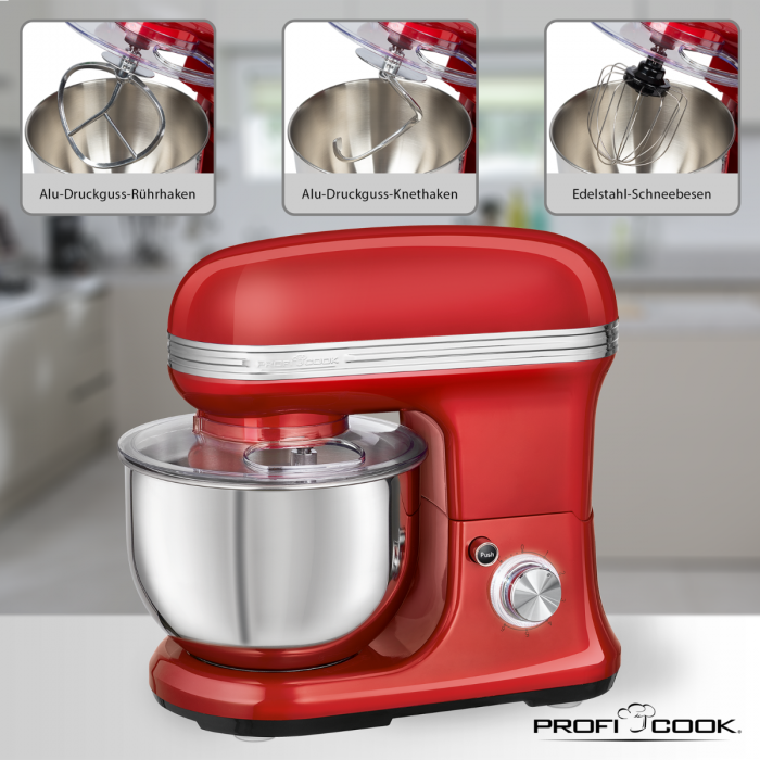 Roter Standmixer mit drei Aufsätzen. Draufsicht zeigt Alu-Druckguss-Rührhaken, Alu-Druckguss-Knethaken und Edelstahl-Schneebesen.