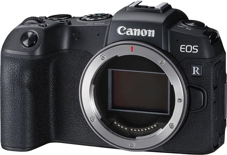 Fekete Canon EOS R kamera. A lencse középen van. A márkanév a lencse felett van.