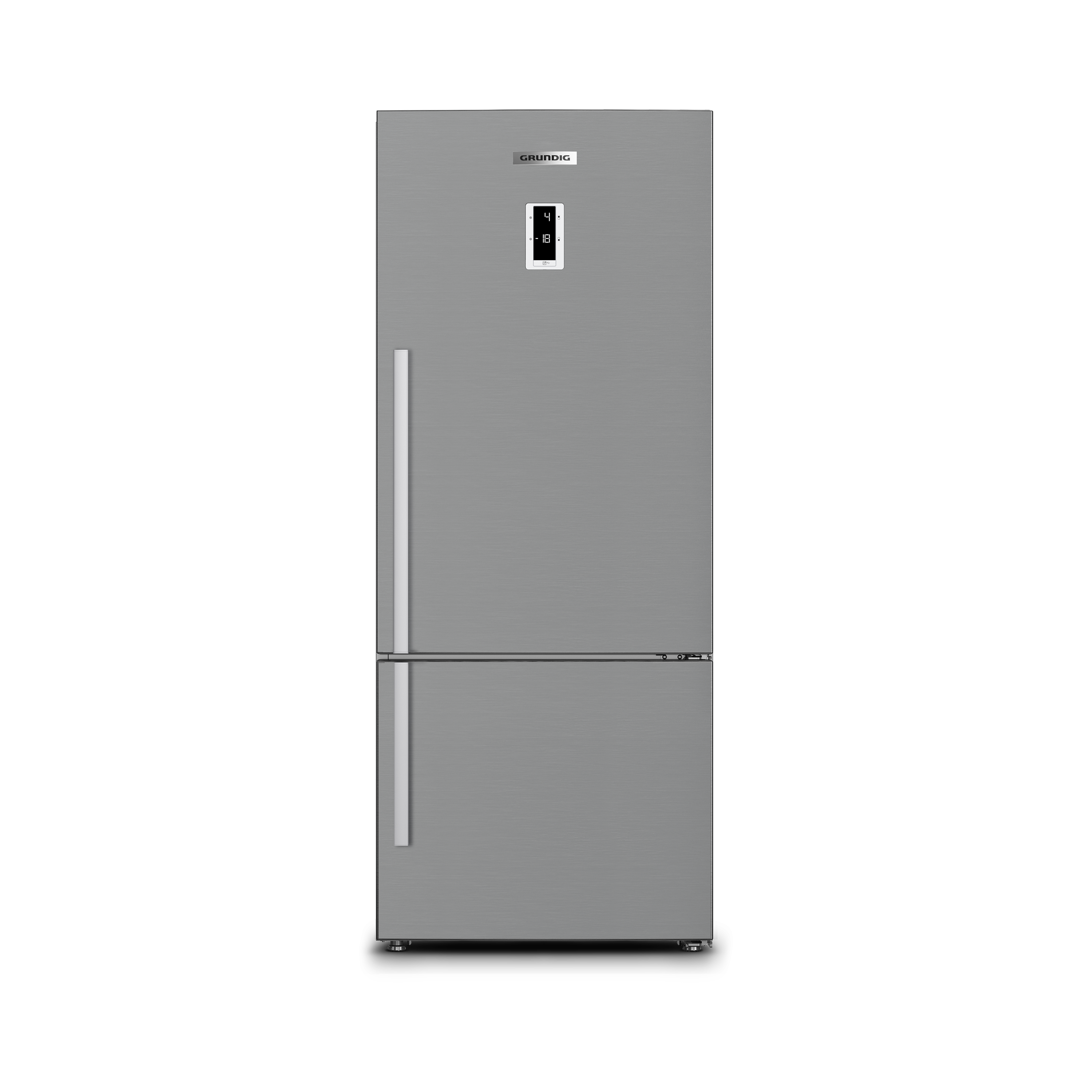 Bir Grundig buzdolabı, gümüş renkli, bir tutma kolu var. Ekranda bir sayı görünüyor, arka plan siyah.