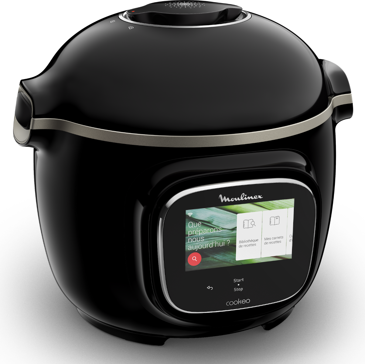 Black Cookeo multi-cooker with digital screen. The screen displays options. The background is blurred.
