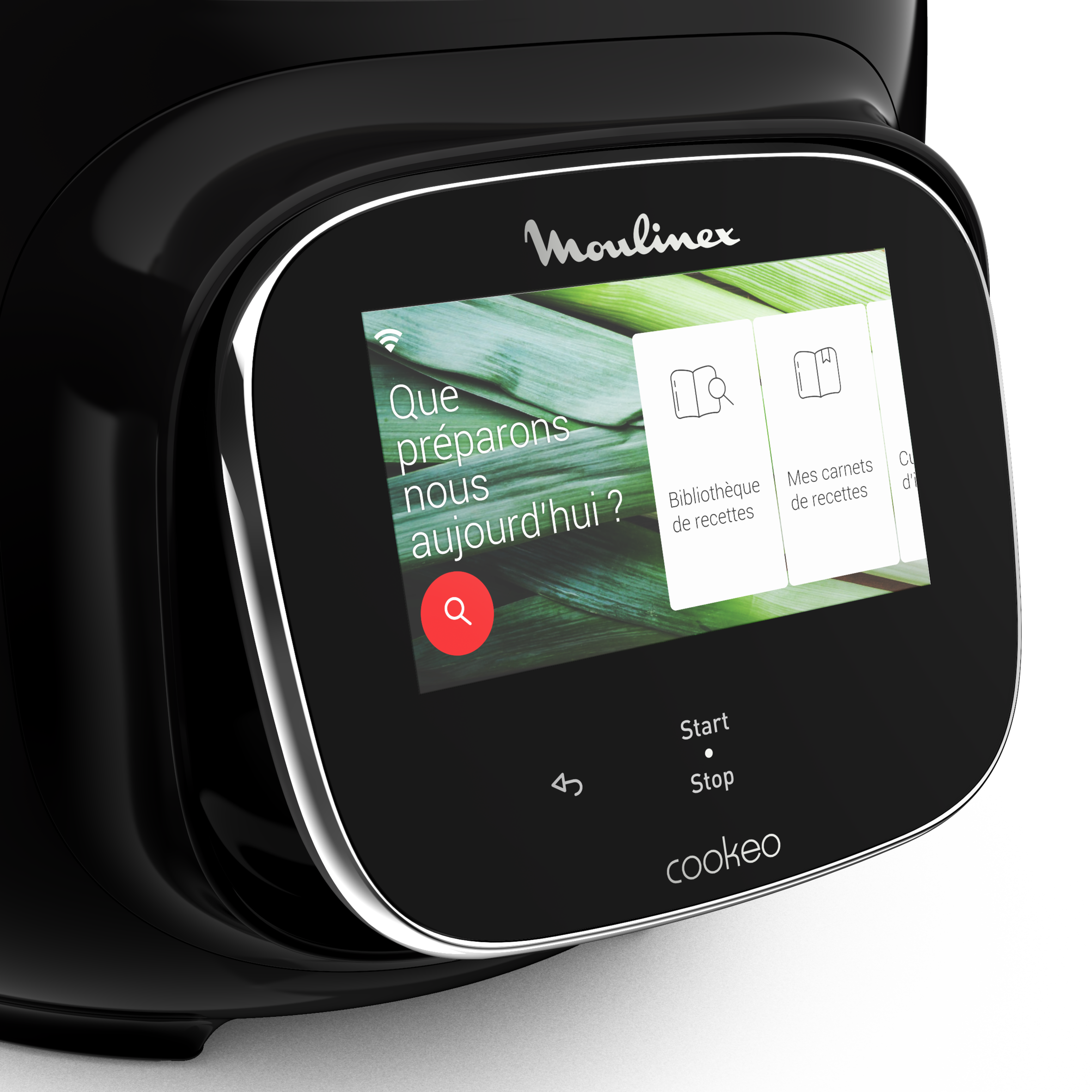 A black Moulinex Cookeo, with a touchscreen displaying recipe options.