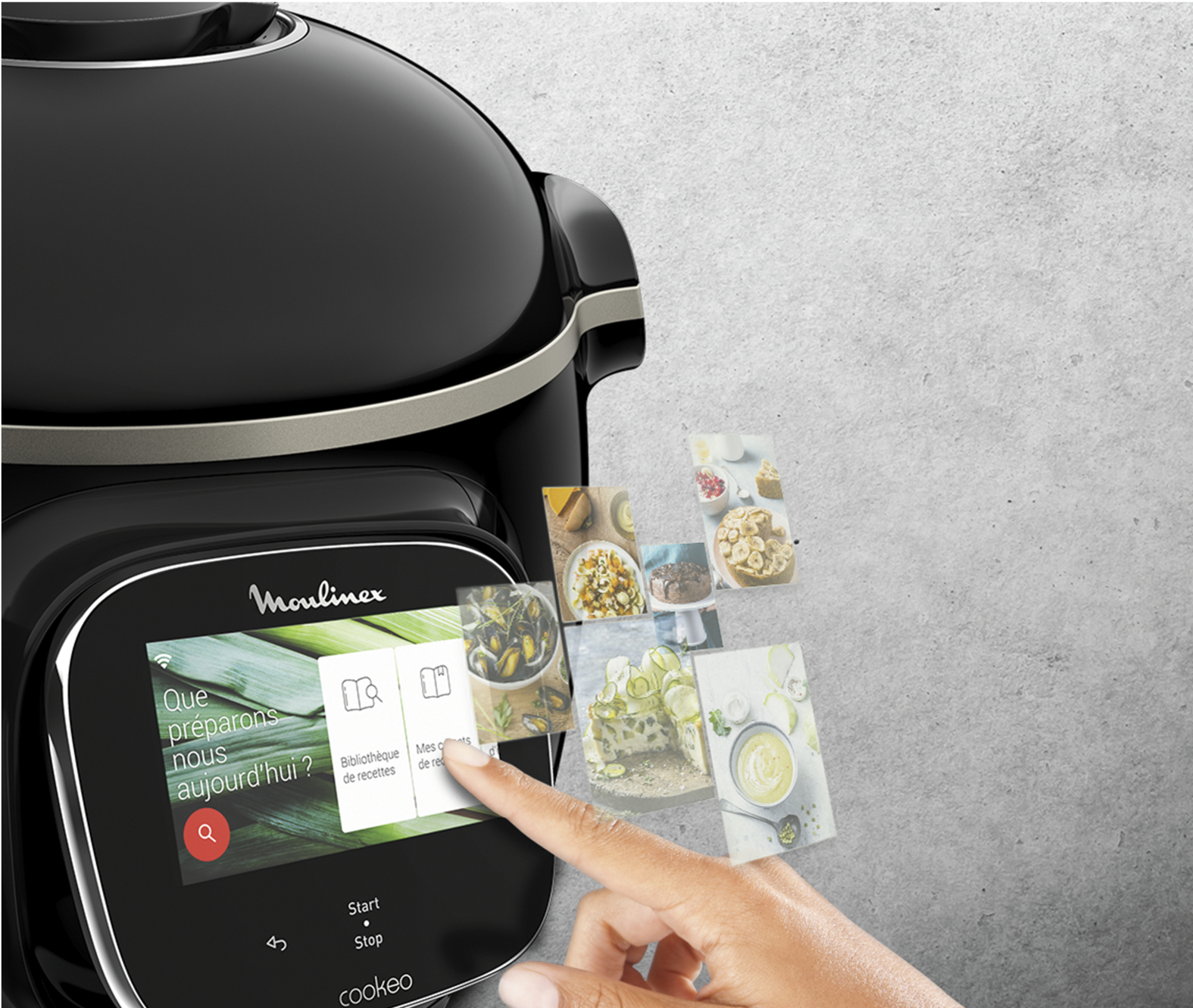A black Moulinex Cookeo. A hand touches the touchscreen with icons. Recipe images float nearby.