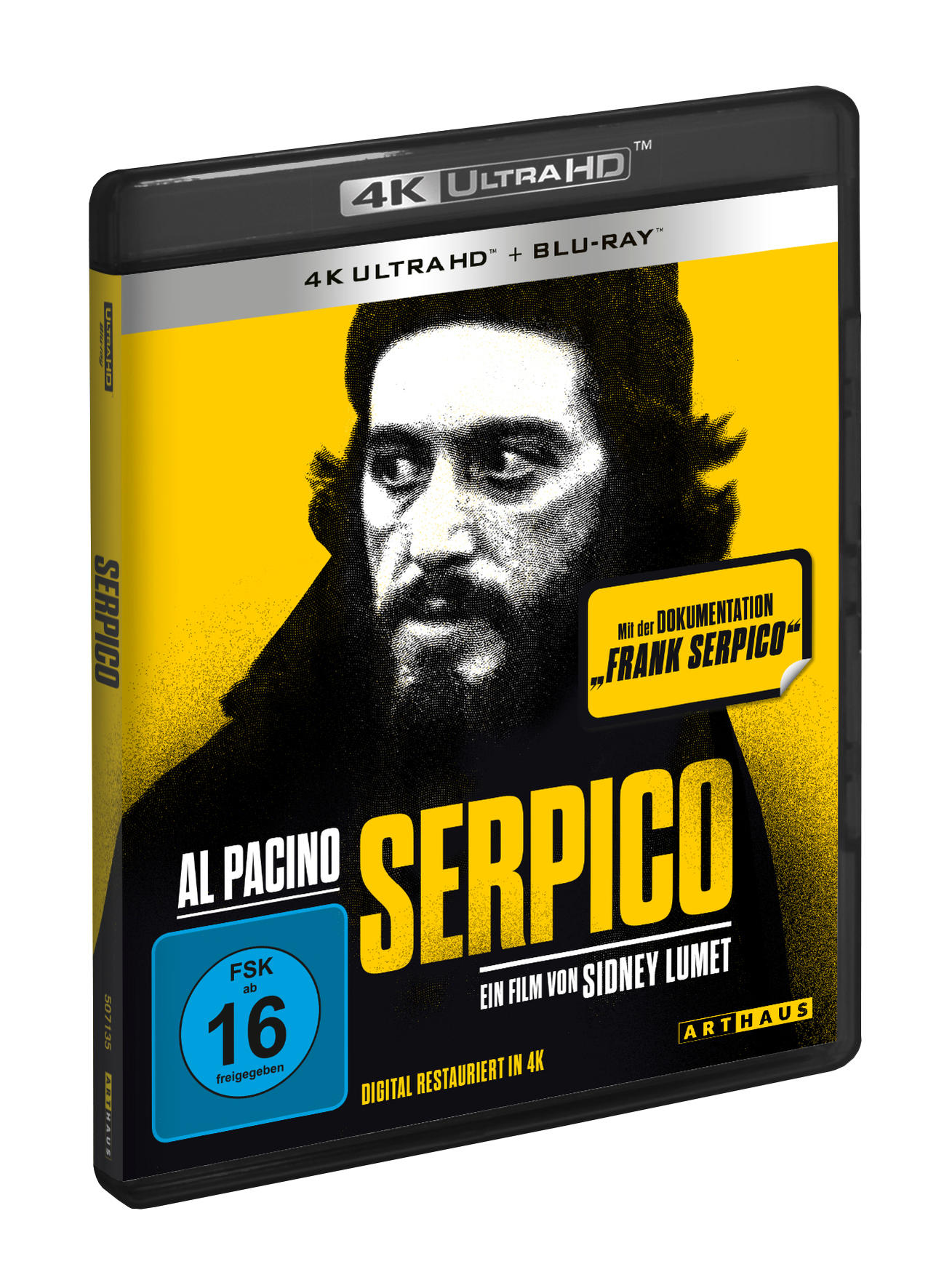 Serpico DVD-Cover mit Al Pacinos Gesicht und gelbem Hintergrund.