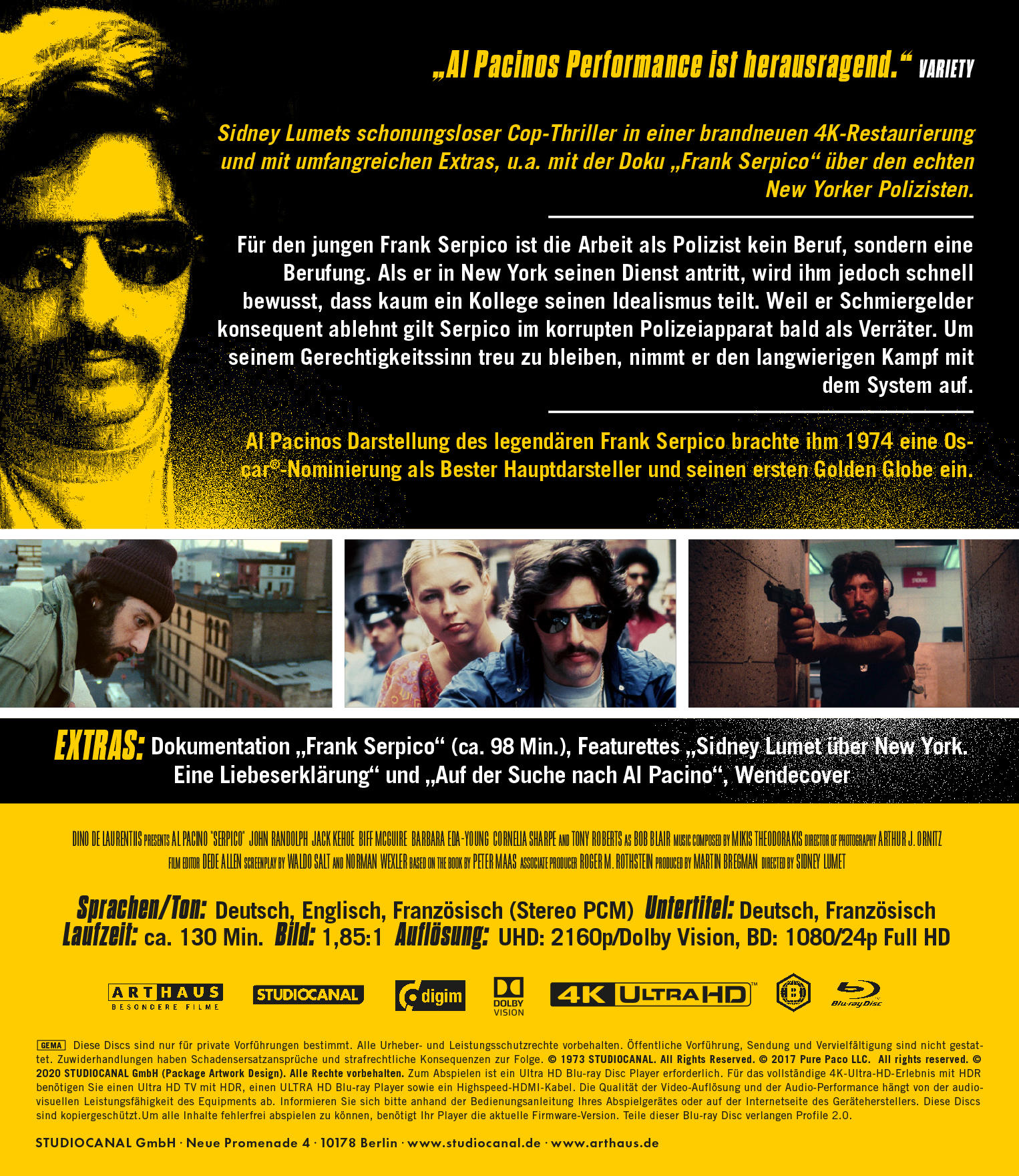 Ein Filmcover für 'Frank Serpico' auf Deutsch. Es zeigt Al Pacino und Text mit einem 4k Ultra HD-Logo.