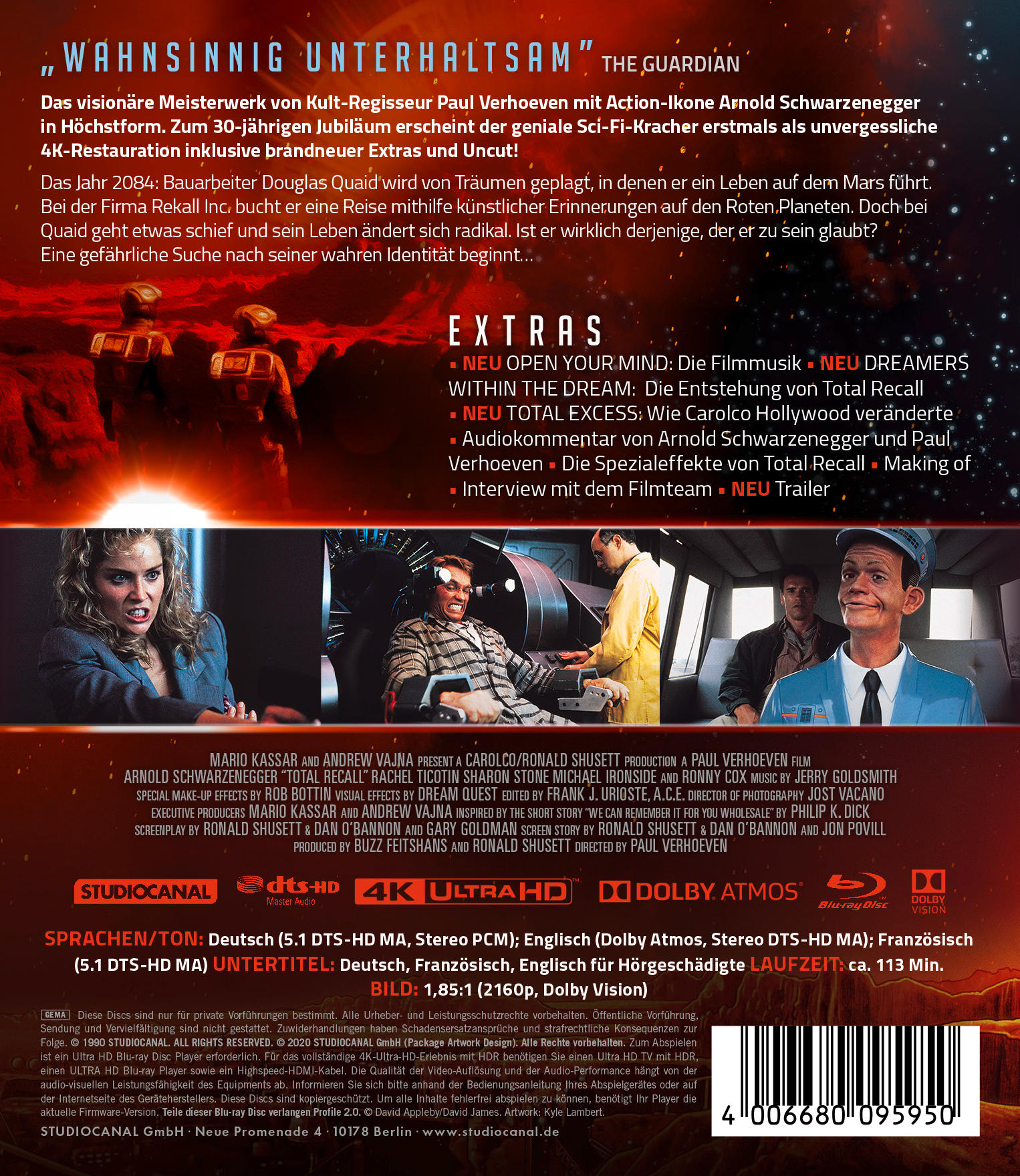 DVD-Cover mit Text und Bildern aus dem Film Total Recall, mit Arnold Schwarzenegger.