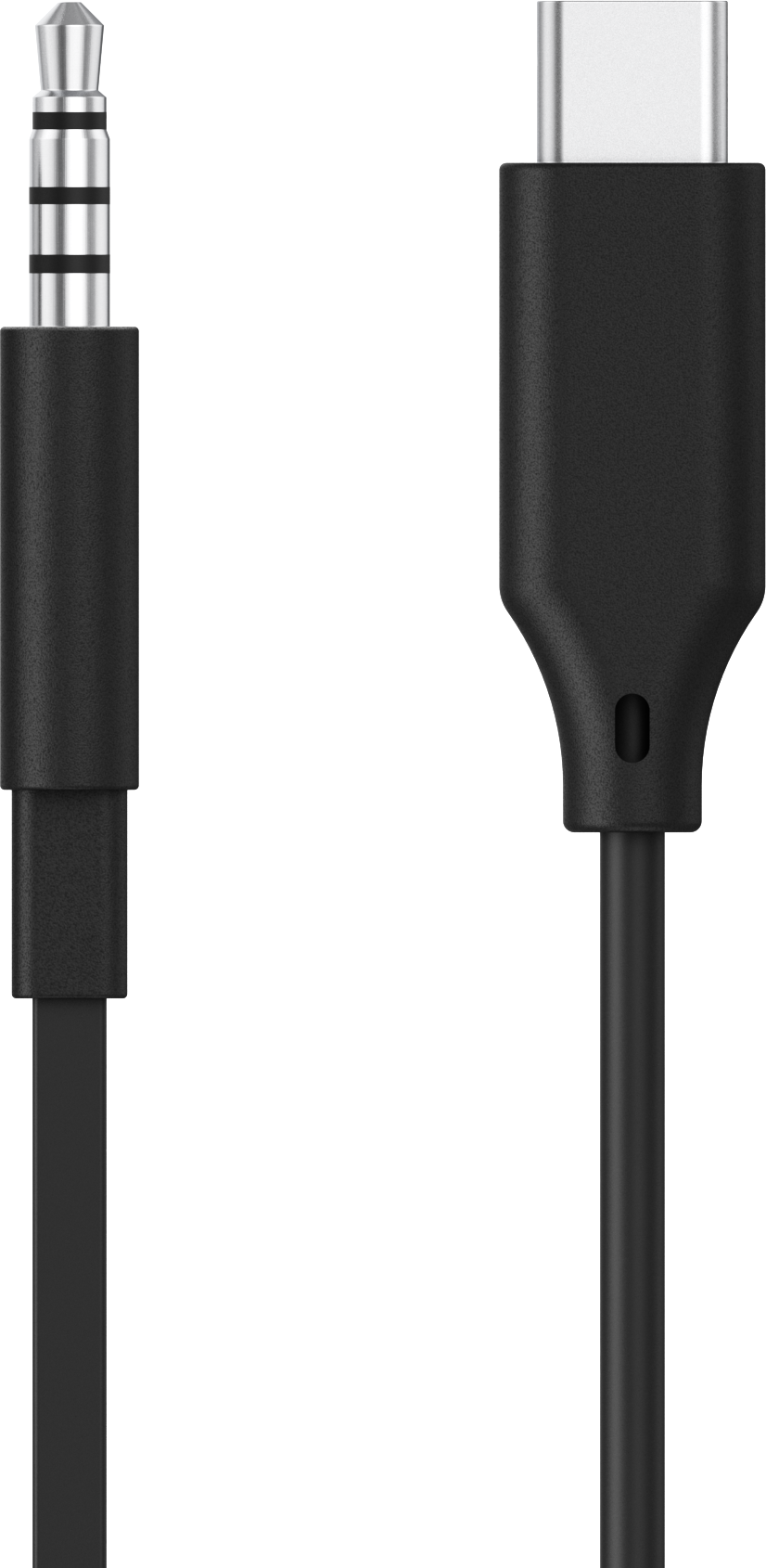 Schwarzes Audiokabel mit 3,5-mm-Klinke und USB-C-Anschluss auf weißem Hintergrund.