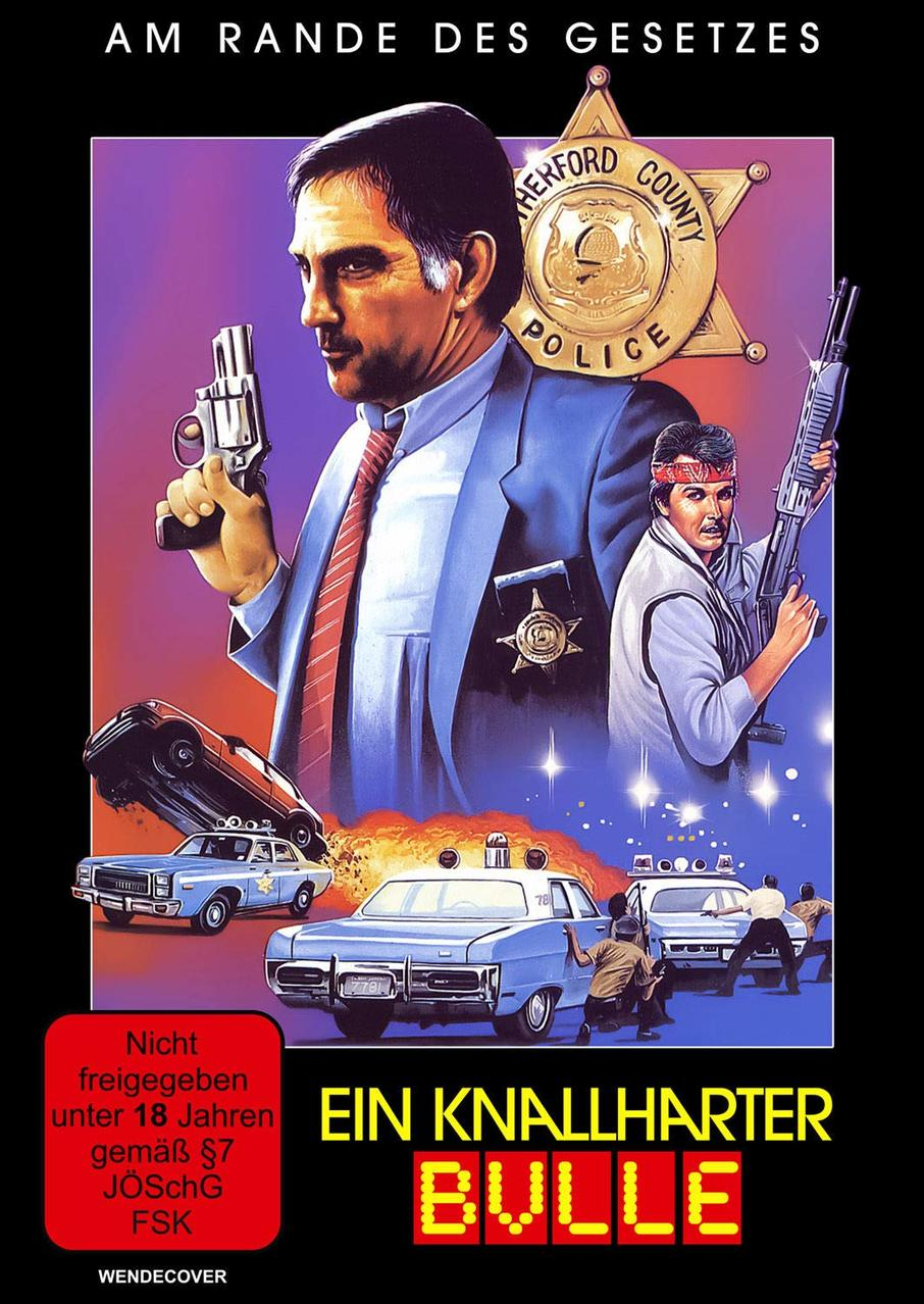 Filmplakat. Ein Mann hält eine Pistole, ein anderer ein Gewehr. Polizeiautos und Explosionen.