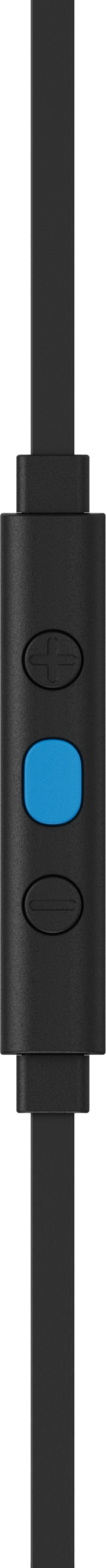 Eine schwarze Inline-Fernbedienung mit drei Tasten und einer blauen mittleren Taste. Das Kabel ist schwarz.