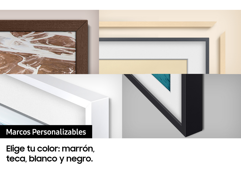 Primer plano de cuatro marcos de fotos en diferentes colores con texto en español.