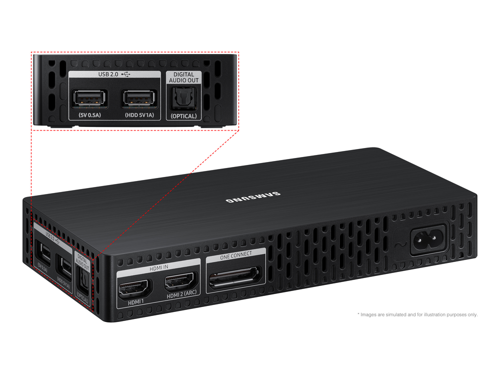 Dispositivo de transmisión Samsung negro con puertos y etiquetas, aislado.