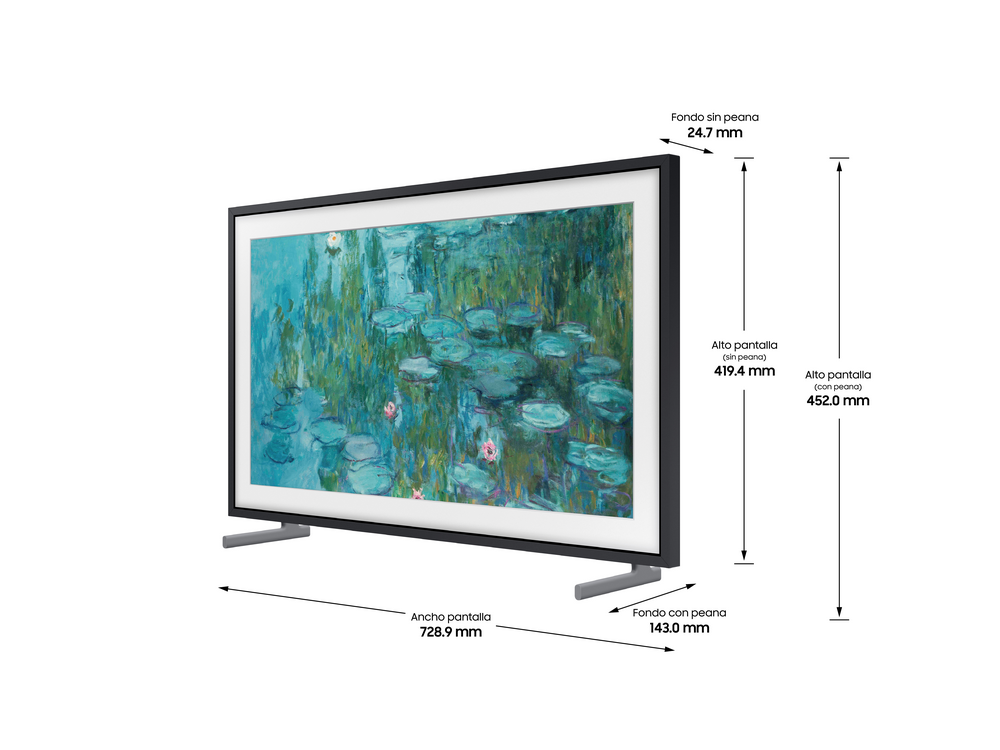 Un televisor con marco negro con una pintura de nenúfares. Las dimensiones se muestran en español.