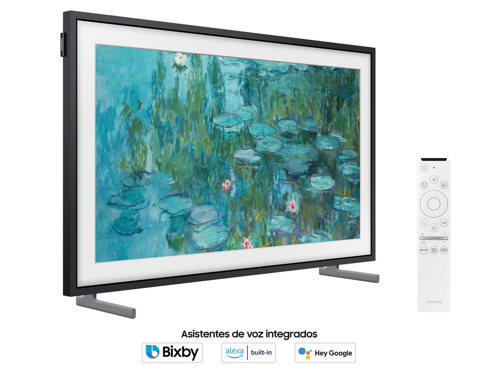 Un televisor Samsung, enmarcado con arte, muestra una pintura impresionista, con un mando cerca.