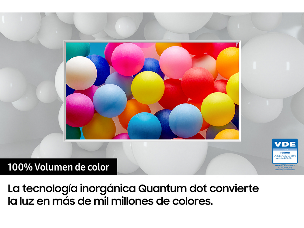 Pantalla de TV con una colorida exhibición de bolas. Las bolas blancas son el fondo y el texto.