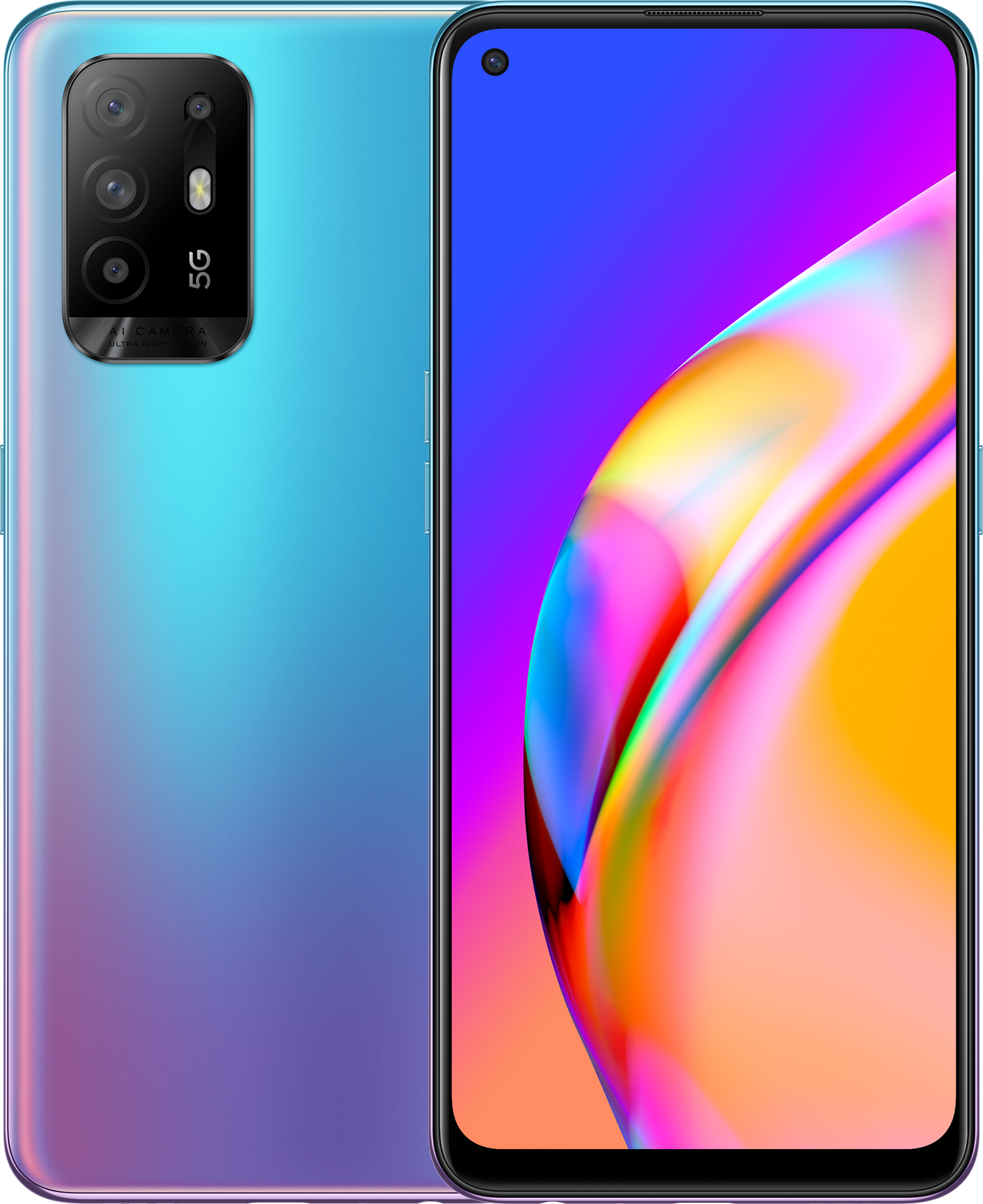 Blauwe en paarse smartphone met een multi-camerasysteem. De telefoon staat op een witte achtergrond.