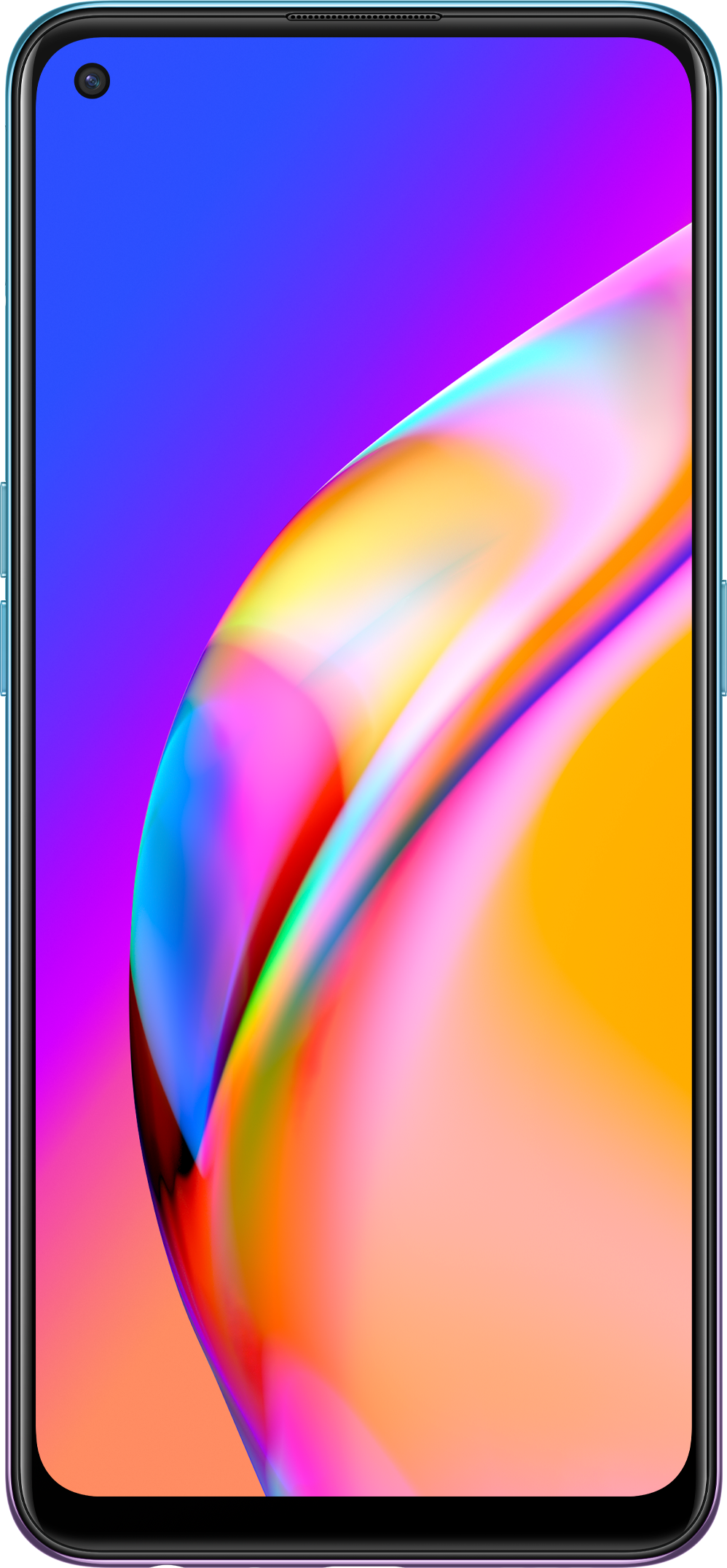 Een smartphone met een kleurrijk scherm dat een levendig abstract patroon weergeeft.