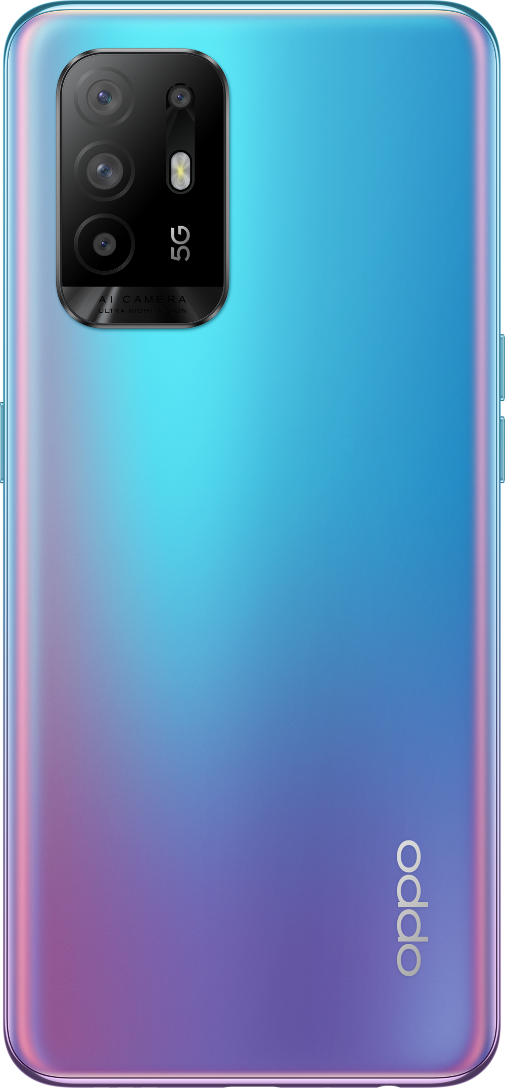 Blauw-paarse gradiënt telefoon met camera op een witte achtergrond.
