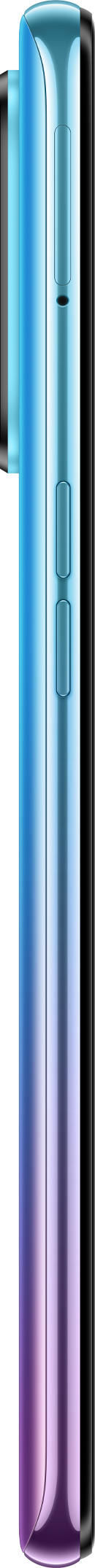 Zijaanzicht van een smartphone. De telefoon is blauw en paars met een glanzende afwerking.