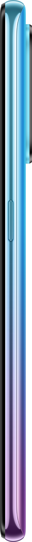 Een zijaanzicht van een gradiënt blauwe en paarse smartphone met een cameramodule, knoppen en een frame.