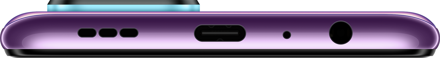 Paarse telefoon onderkant met poorten: luidsprekers, USB-C en een koptelefoonaansluiting.