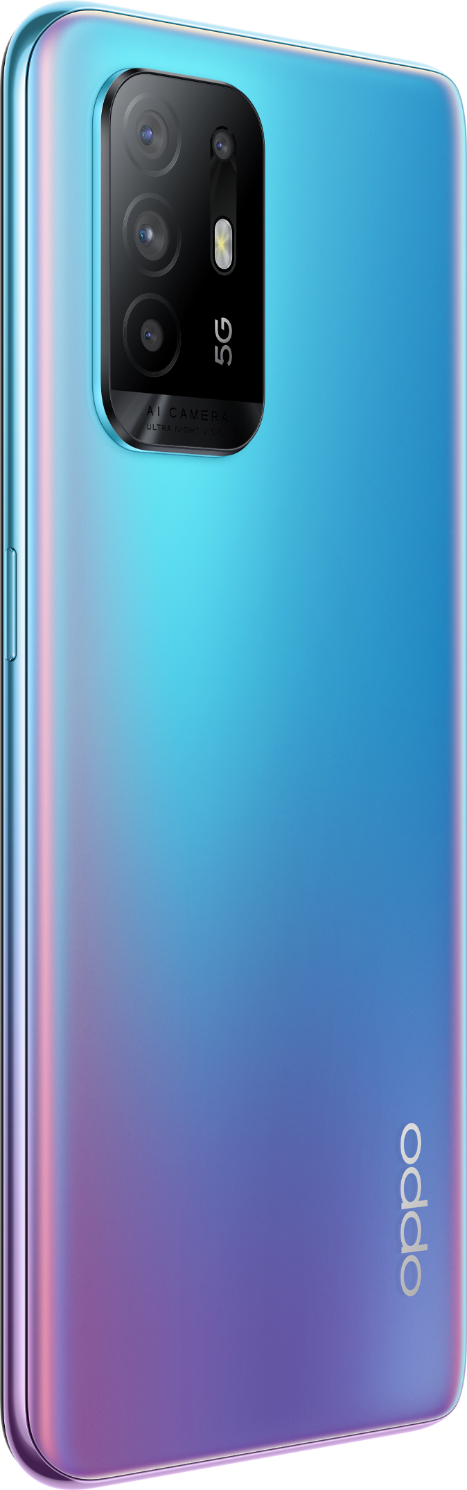 Blauwe en paarse gradiënt telefoon met een cameramodule linksboven.