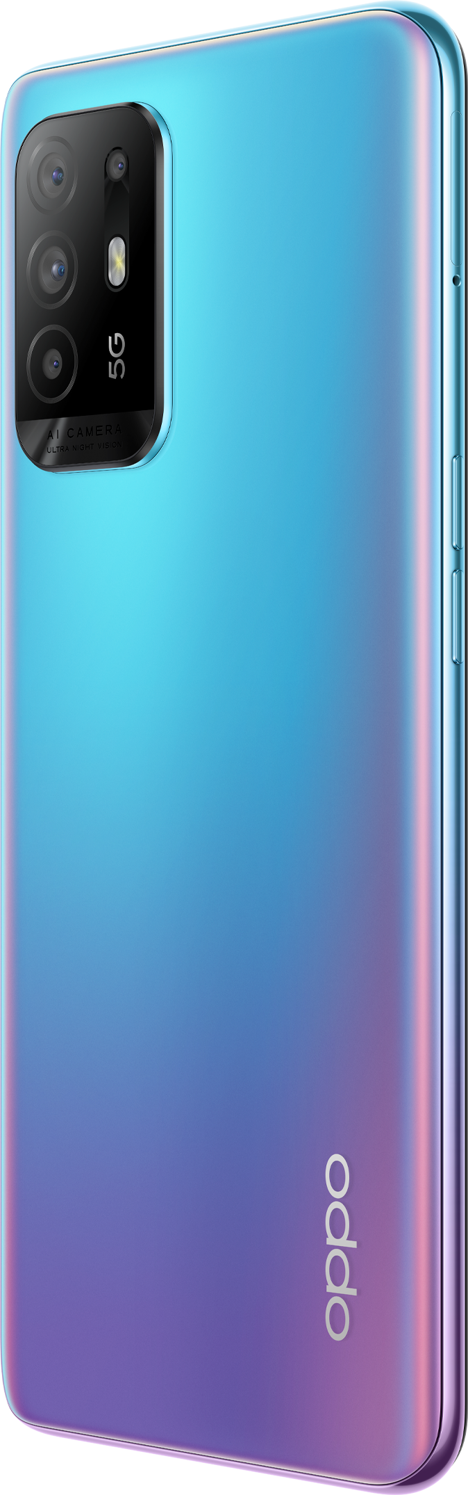 Een gradiënt blauwe en paarse smartphone met een cameramodule aan de linkerkant en het Oppo-logo eronder.