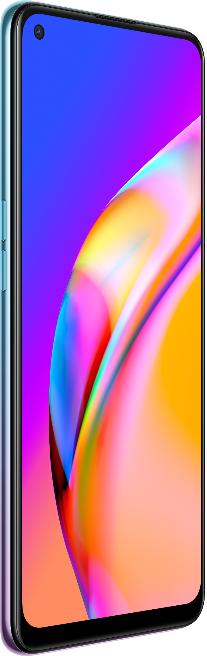 Een smartphone met een kleurrijk display wordt in perspectief getoond. Het scherm heeft levendige kleuren.
