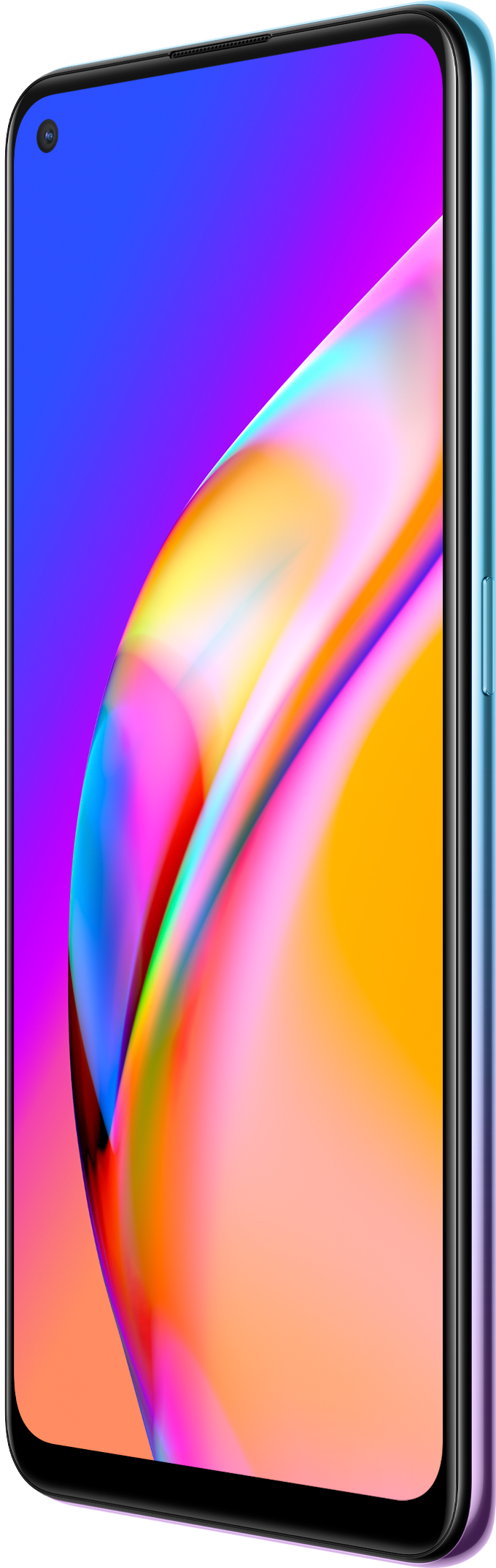 Een smartphone met een kleurrijk display, schuin om het scherm te laten zien.