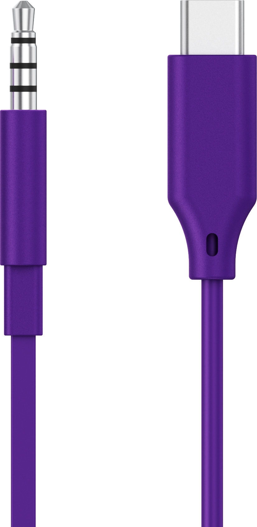 Lila Audiokabel mit 3,5-mm-Klinke an einem Ende und USB-C-Anschluss am anderen, weißer Hintergrund.