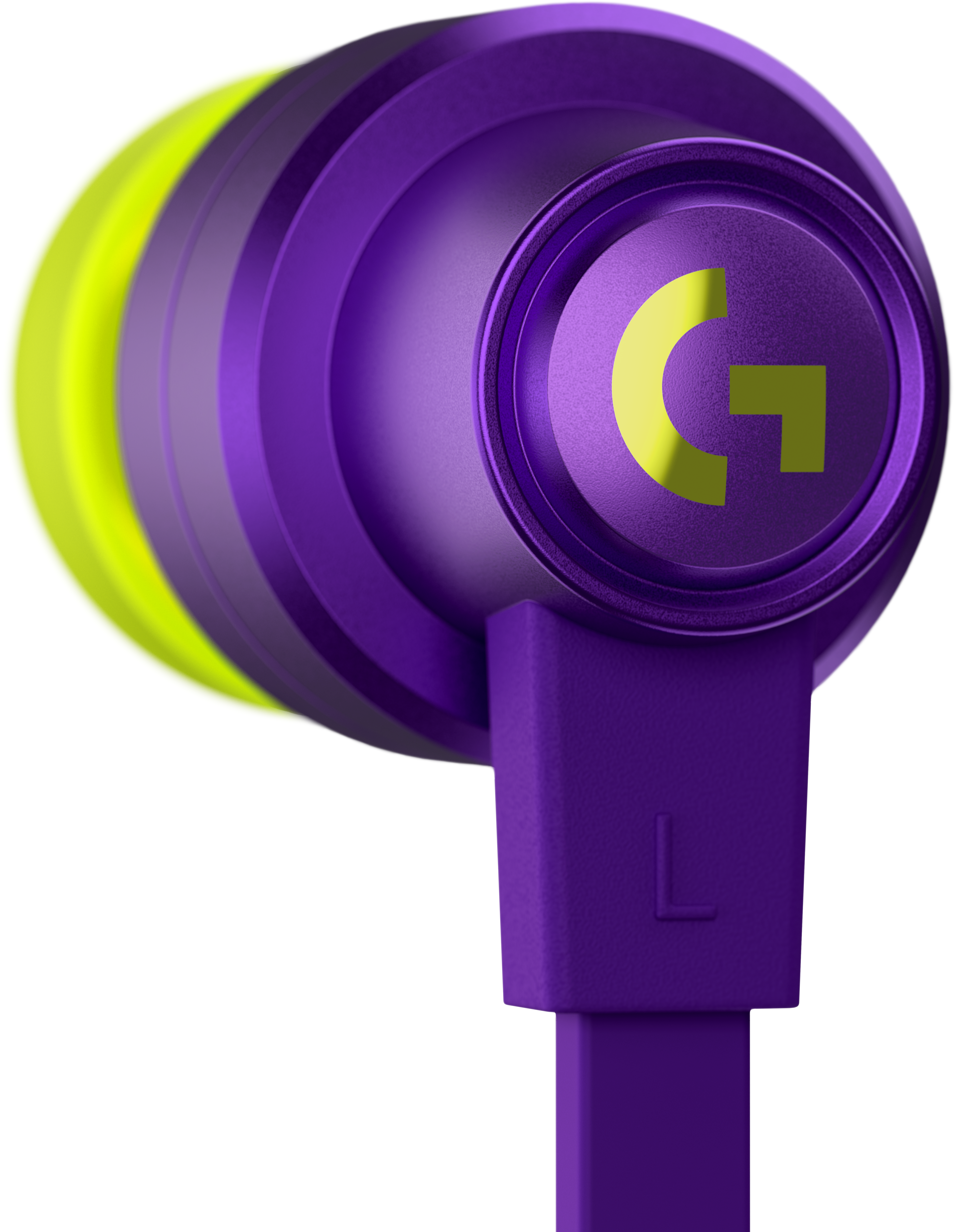 Nahaufnahme von lila und gelben Ohrhörern. Ein gelbes "G"-Logo befindet sich auf dem Ohrhörer.