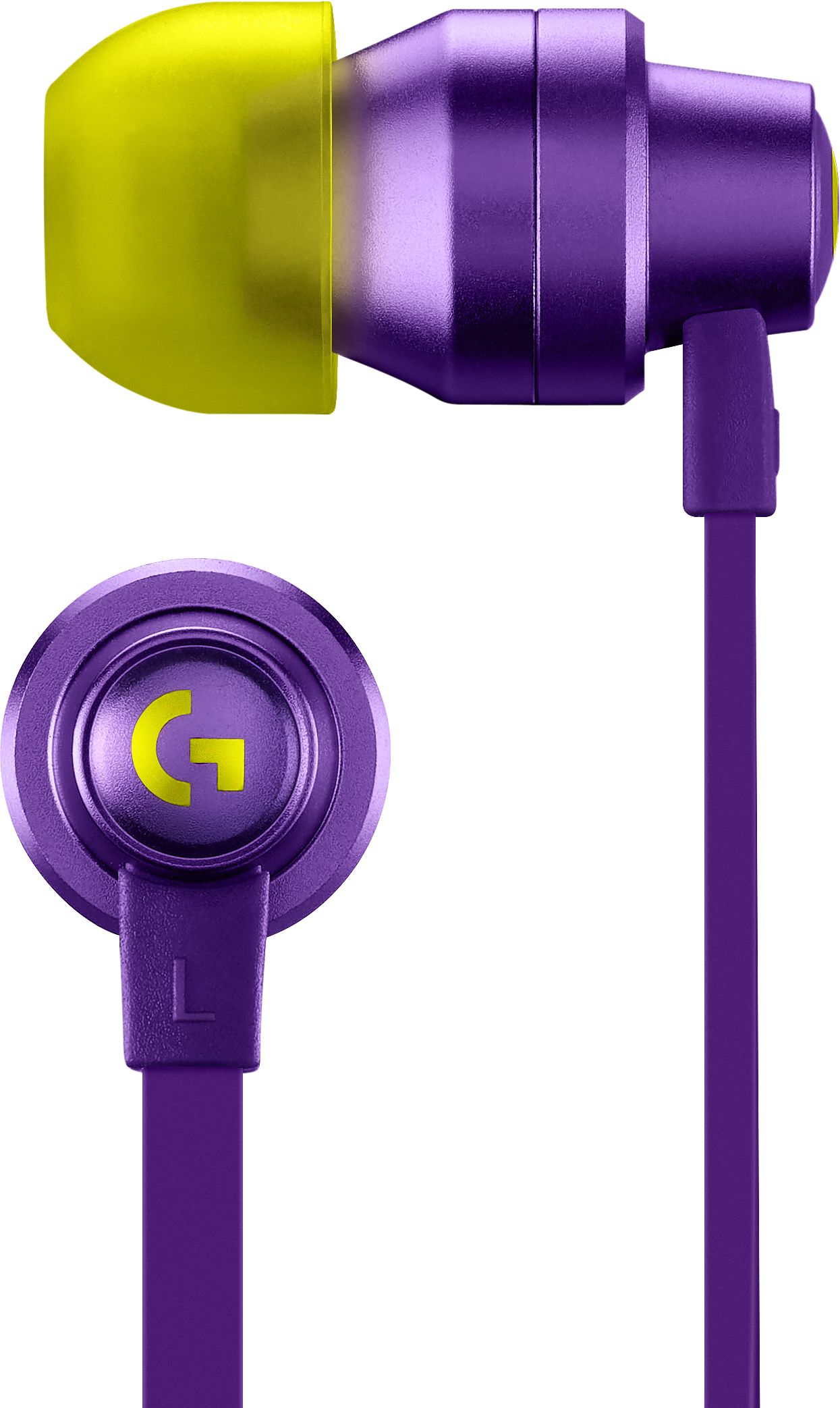 Lila und gelbe Ohrhörer. Ein Ohrhörer ist im Fokus. Das Logo ist gelb auf dem Ohrhörer.