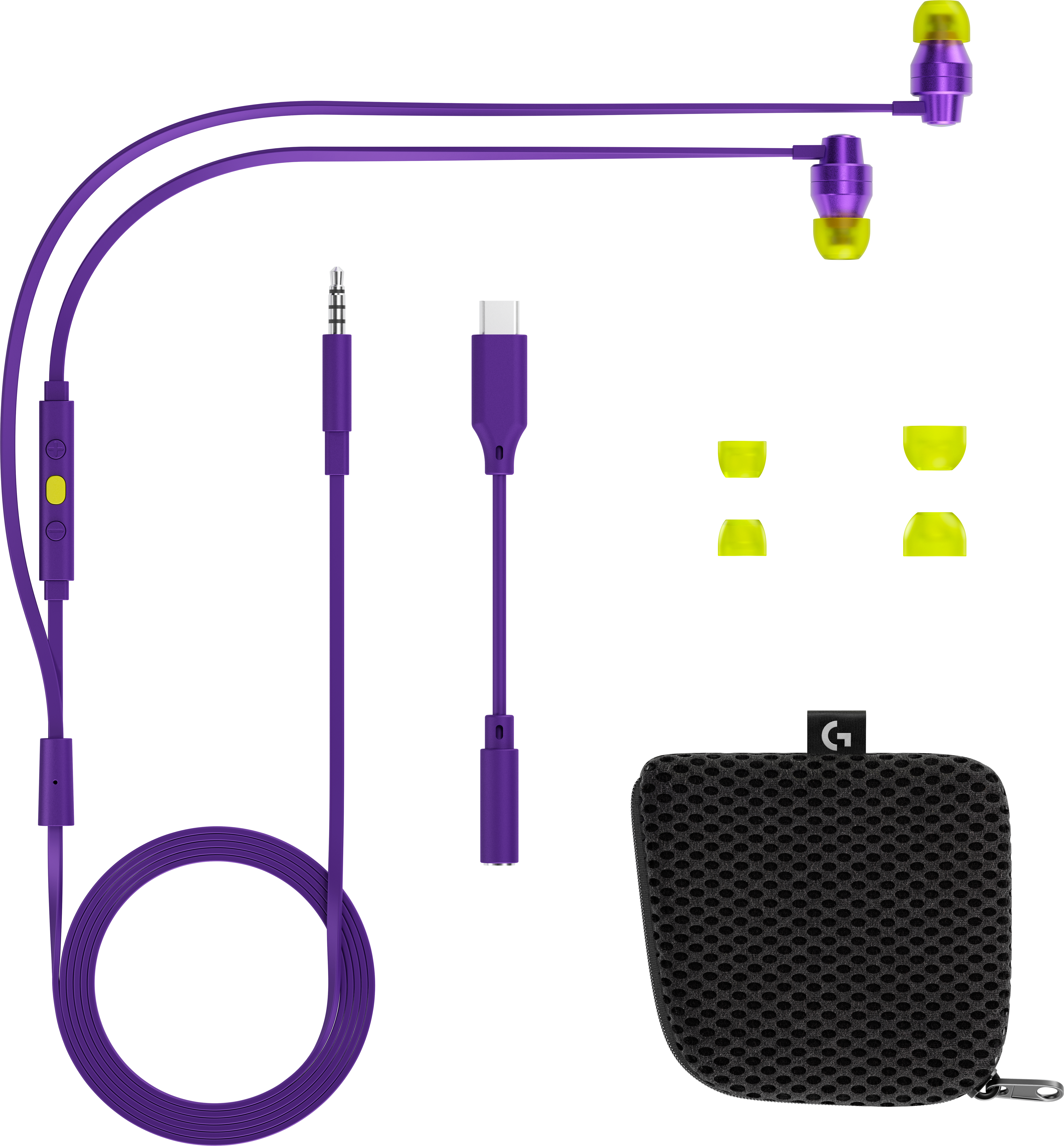 Lila und schwarze Ohrhörer mit zusätzlichen Ohrstöpseln und einer Tragetasche. Ein USB-C und ein Klinkenstecker sind sichtbar.