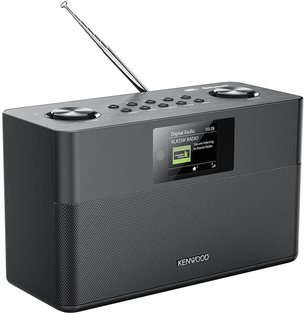Een zwarte Kenwood-radio met een digitaal display met zenderinformatie.
