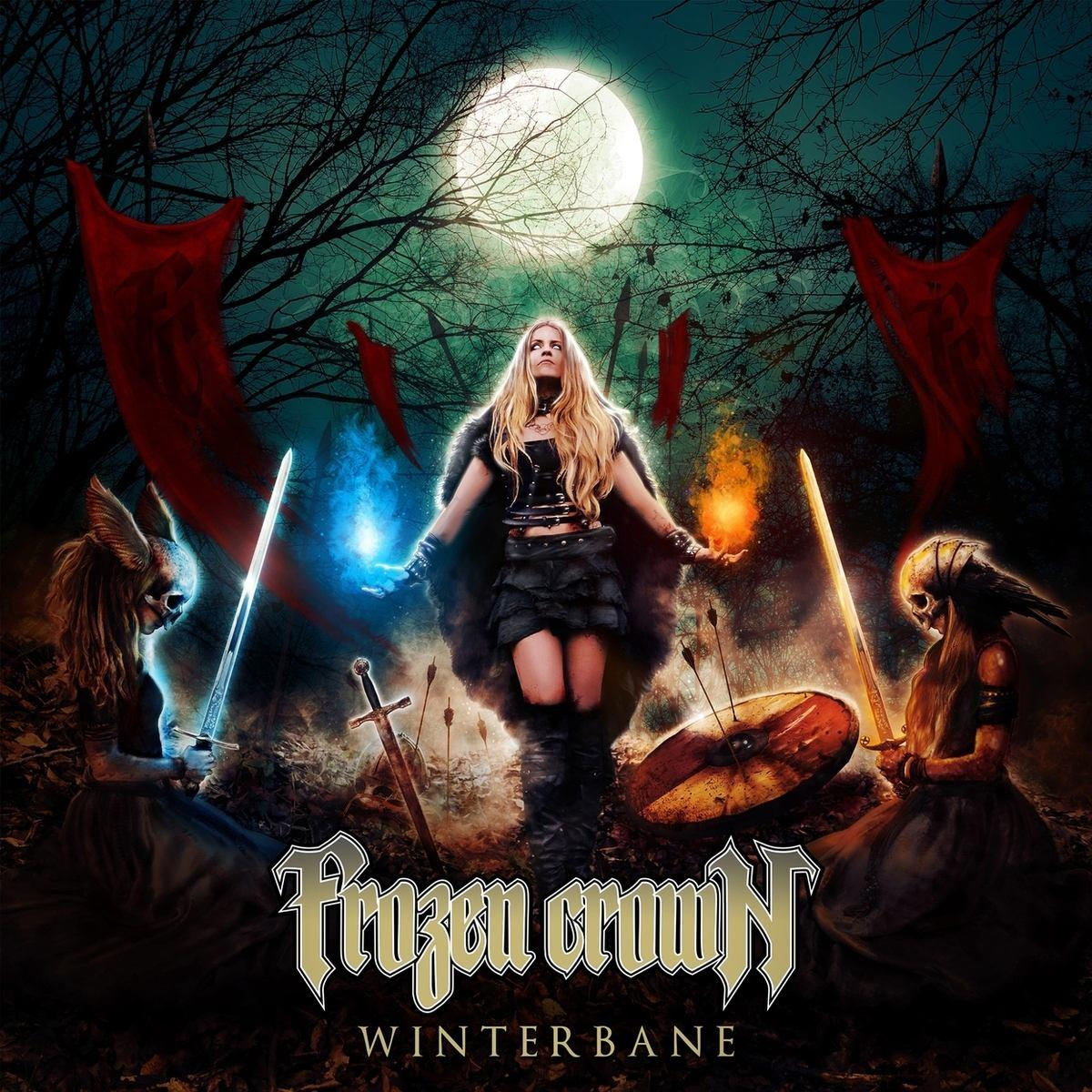 Albumcover mit Frau, die Feuer und Eis hält, mit Schwertern, Vollmond und Bannern.
