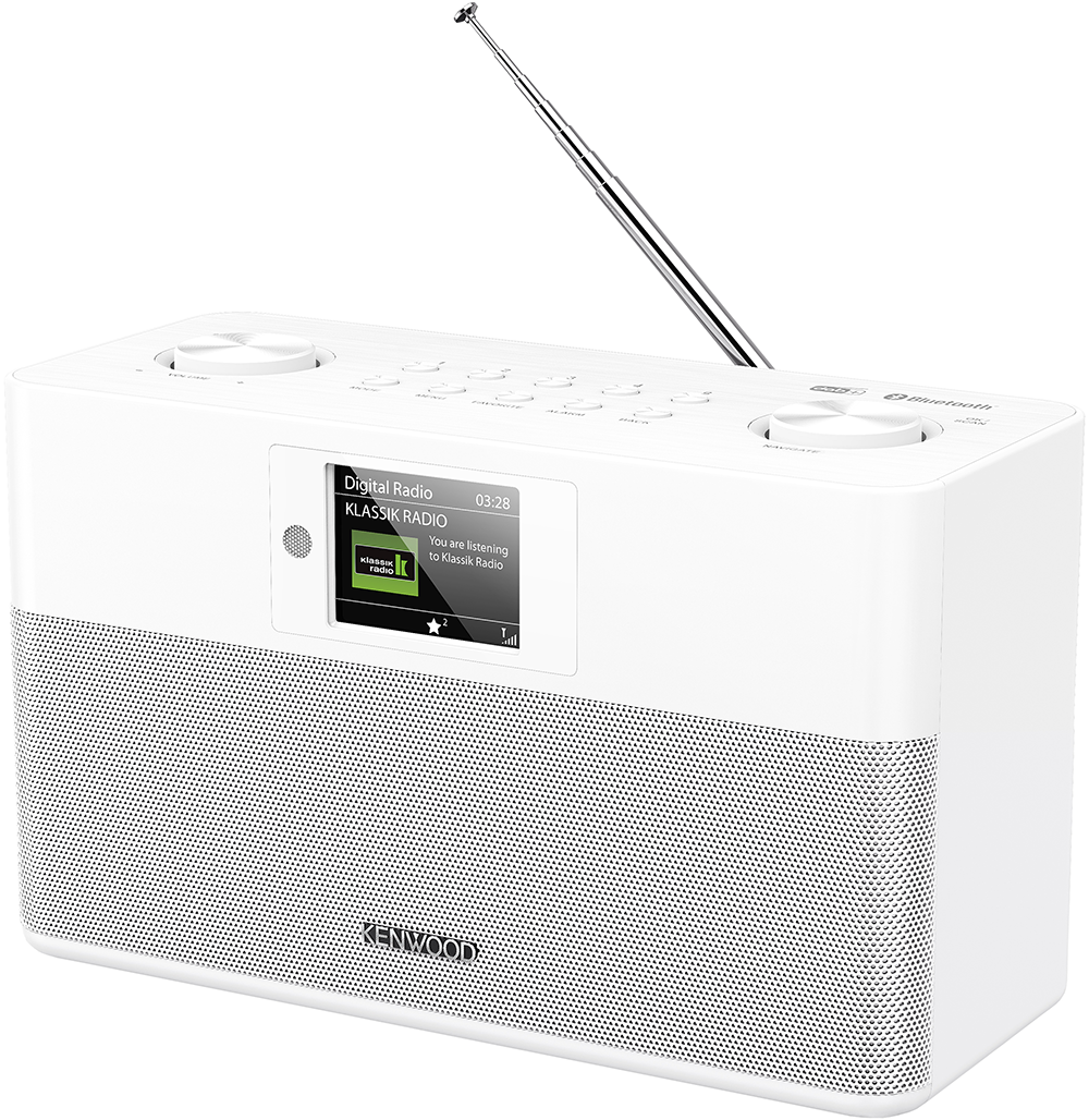 Witte Kenwood digitale radio met scherm en uitgeschoven antenne. Bluetooth.