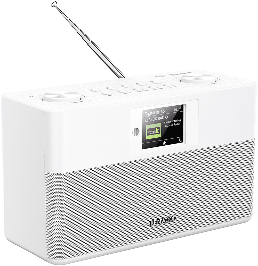Witte radio met scherm, antenne en Kenwood-logo.