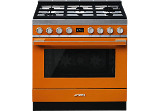 Cocina - Smeg CPF9GPOR, Gas natural, 6 quemadores, 4200 W, 115 l, Limpieza por vapor, Pantalla LCD, Naranja
